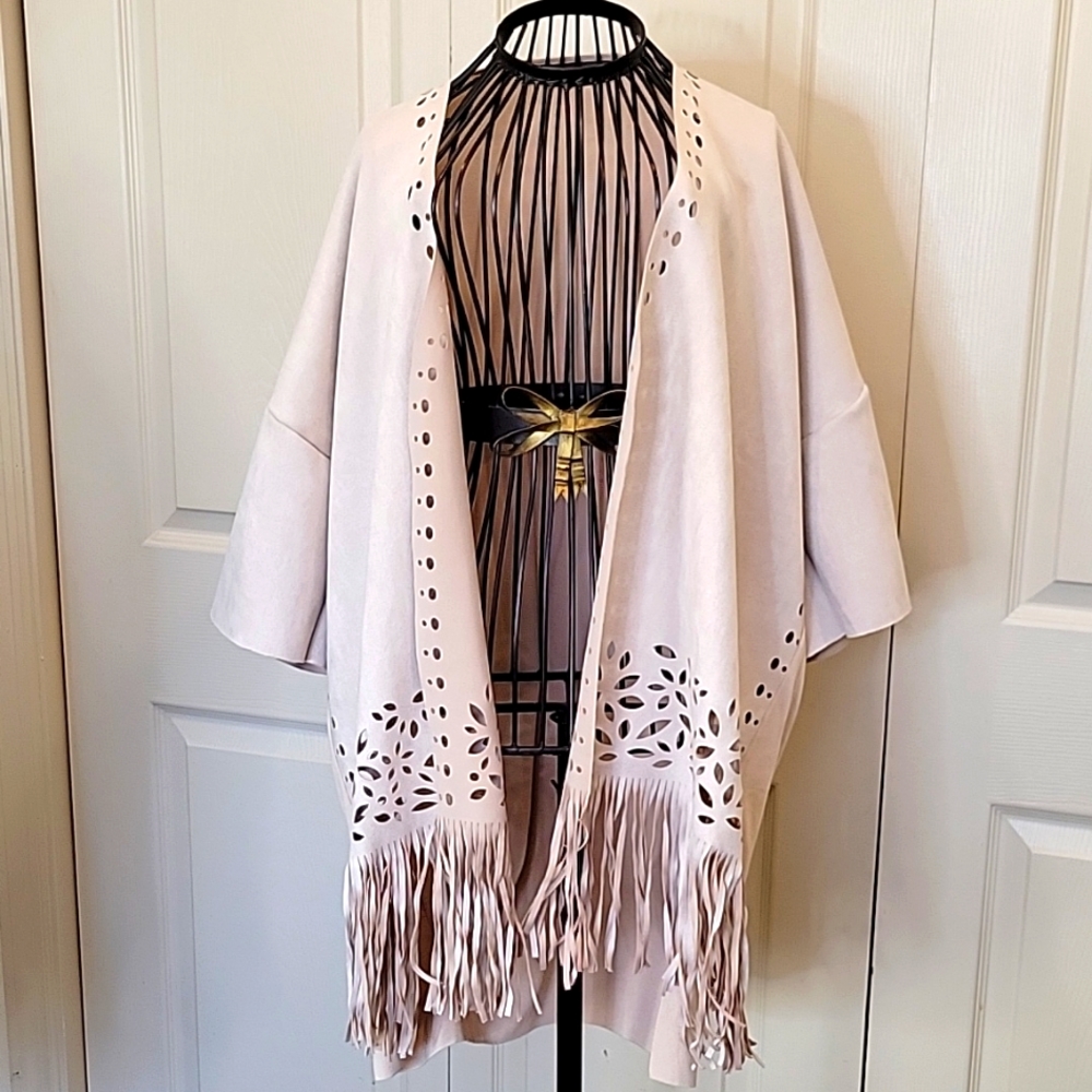 SANDRO FERRONE Cream Ultrasuede and Knit Fringed Shawl